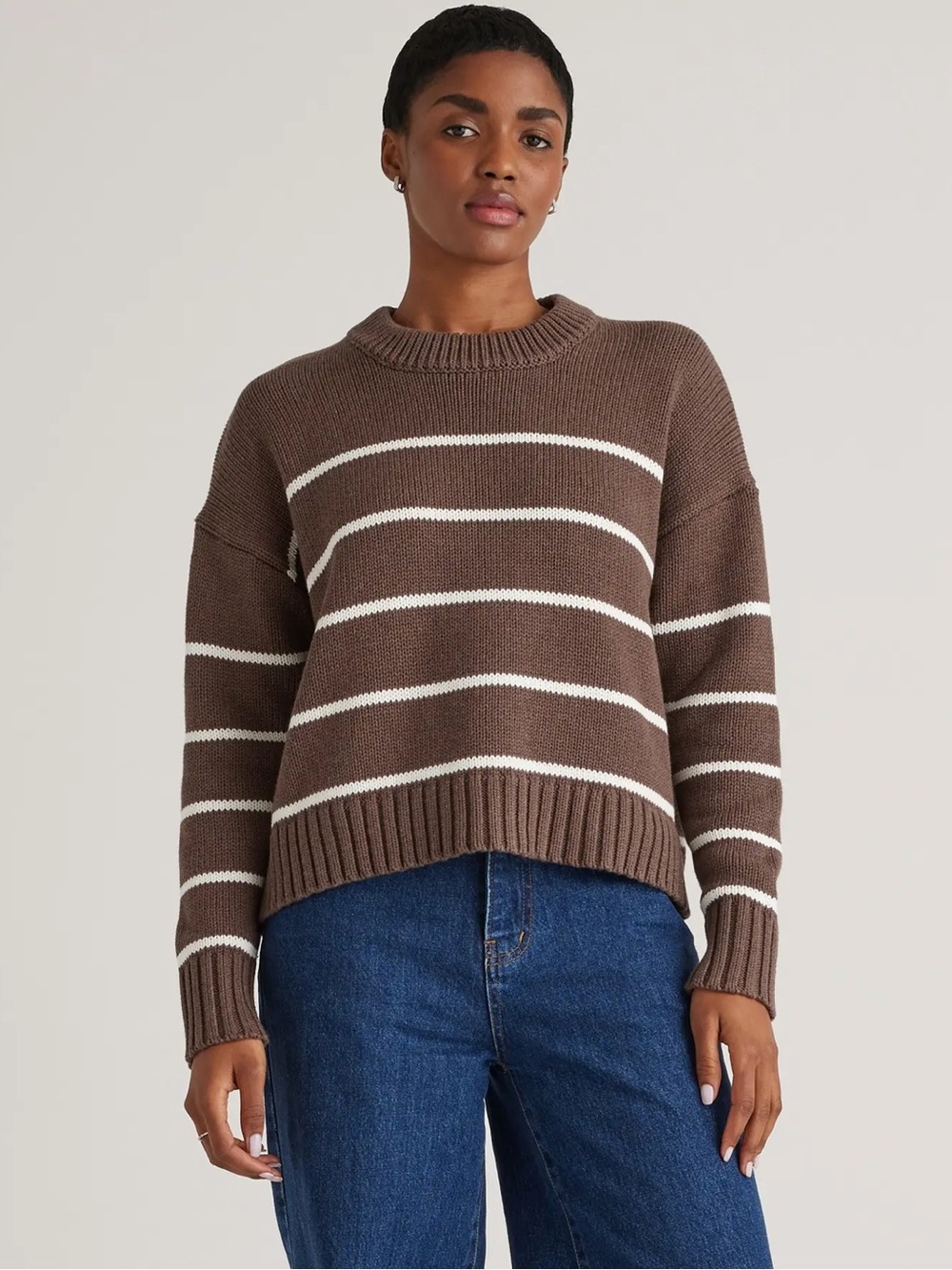 QUINCE 100% Organic Cotton Striped Crew Sweater Heather Brown Ivory Medium